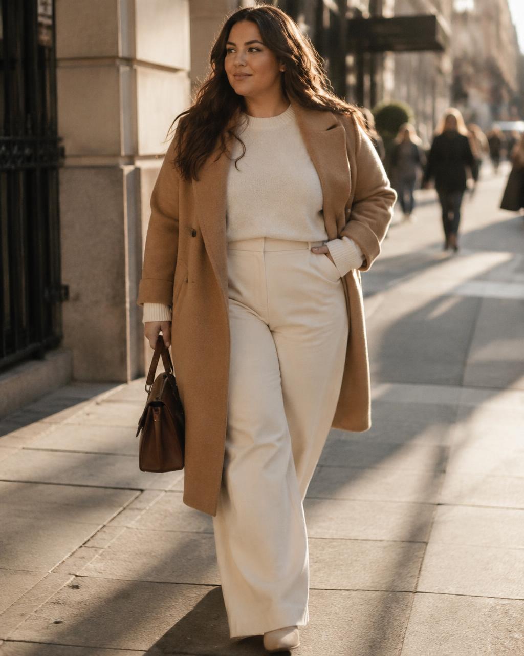 Imagen ilustrativa de moda: mujer con abrigo camel en una calle soleada